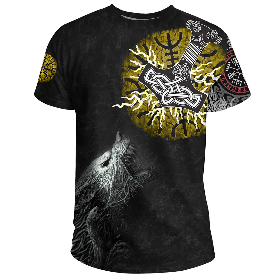 (Custom) Ligerking T-Shirt - Fenrir Fight Mjolnir of Thor on Helm Of Awe A27