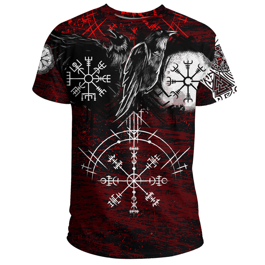 Ligerking - T-Shirt Raven of Odin and Symbol Viking on Blood Background A27