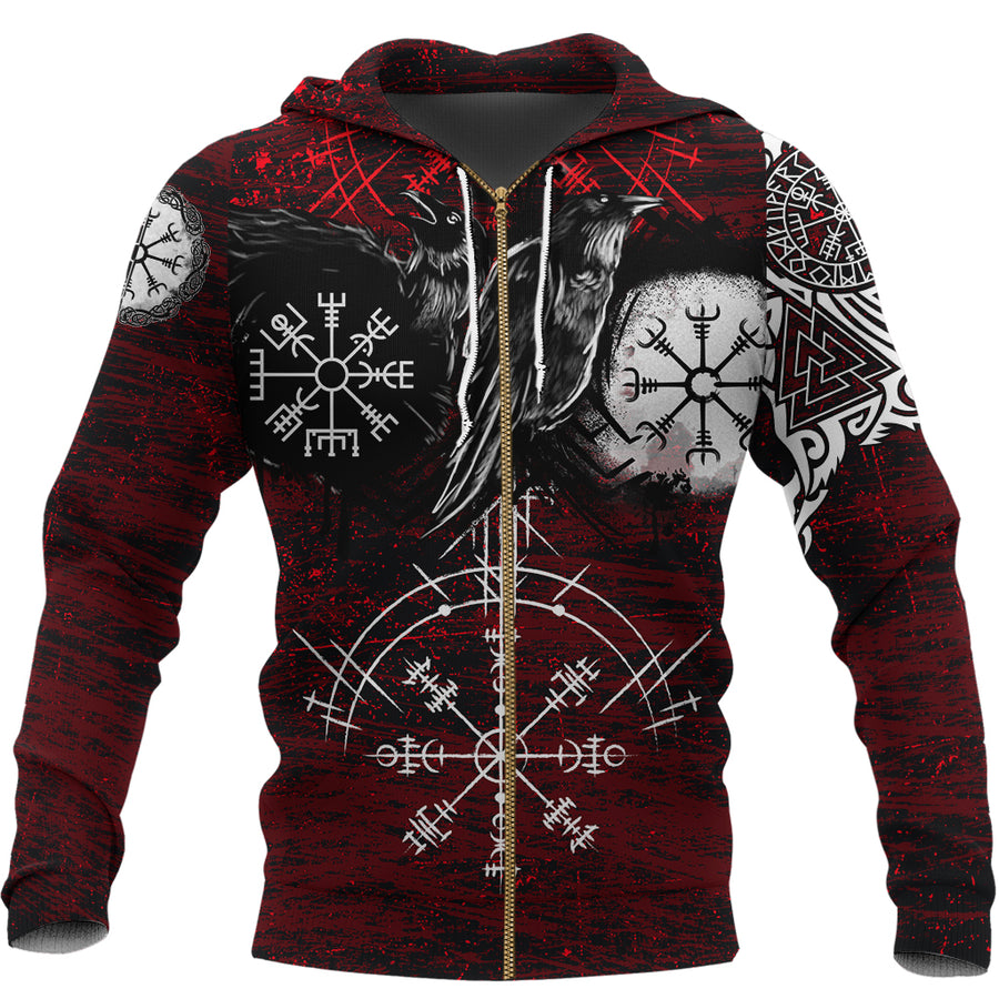 Ligerking - Zip Hoodie Raven of Odin and Symbol Viking on Blood Background A27
